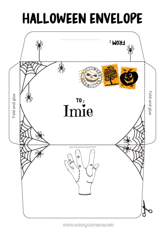 Kolorowanka do wydruku Halloween Jesień Rodzina Addamsów Koperta Sieć pajęcza Koperta do druku
