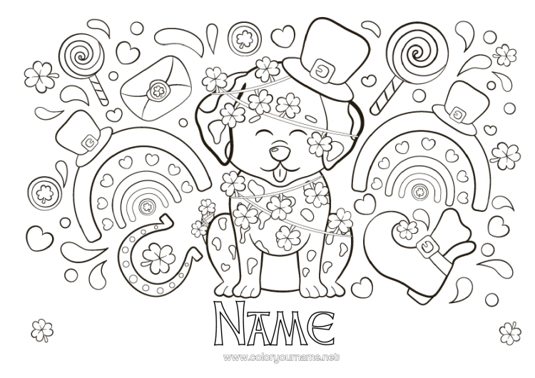 Colouring page to print Dog Fortune Clover Horseshoe St Patrick's Day Treats, Sweets Dogs And Cats Pacifier