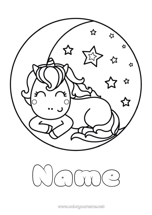 Colouring page to print Cute Unicorn Animal Moon Dragons, Unicorns, And Fantastical Creatures