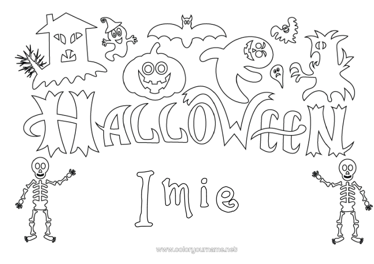 Kolorowanka do wydruku Duch Potwór Dynia Szkielet Halloween Jack O'Lantern Napis 'halloween'