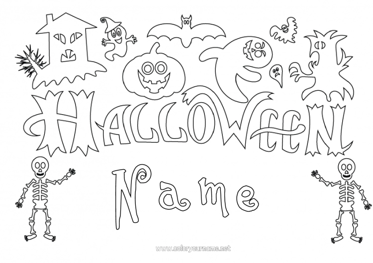 Coloring page to print Ghost Monster Pumpkin Skeleton Halloween Jack O'Lantern Inscription 