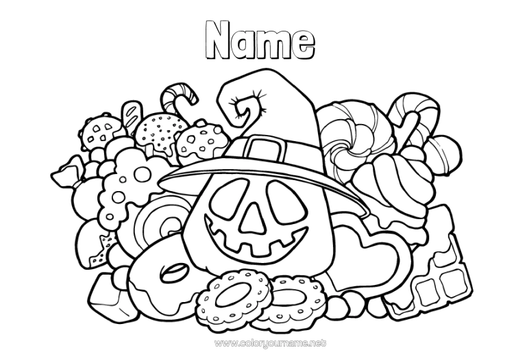Colouring page to print Pumpkin Halloween Jack O'lantern Treats, Sweets Wizard's Hat