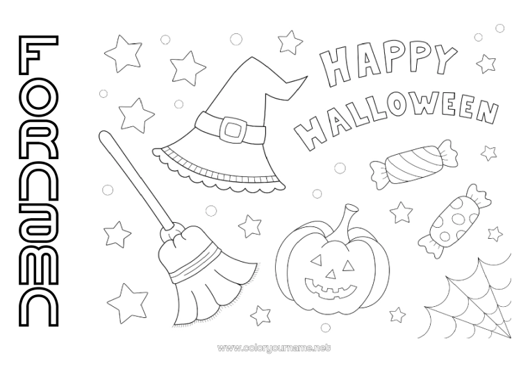 Färgläggningssida att skriva ut Broom Godis Pumpa Halloween Jack O'Lantern Hatt Anmälan 