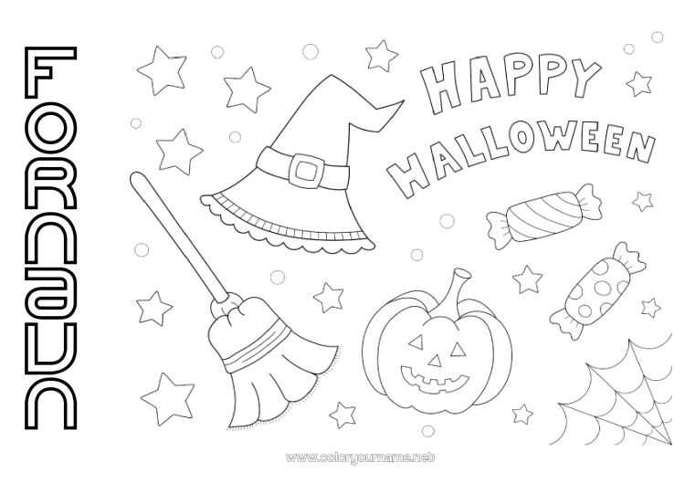 Fargeleggingssiden til utskrift Kost Godteri Gresskar Halloween Jack O'Lantern Hatt Påmelding 
