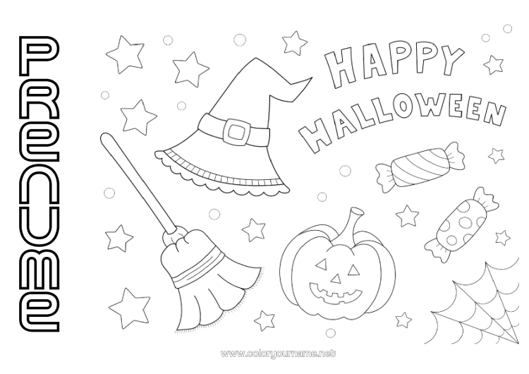 Pagină de colorat de imprimat Mătură Bomboane Dovleac Halloween Jack cu lampa Pălărie Înscriere 