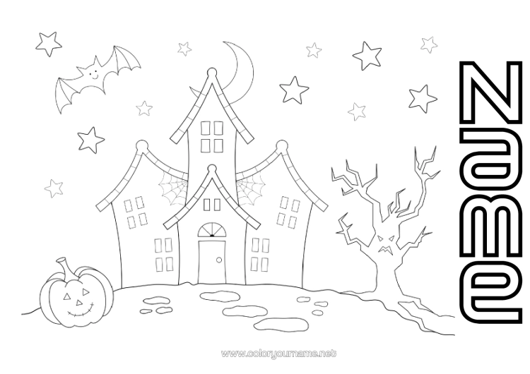 Colouring page to print Halloween House Haunted Manor Haunted Tree