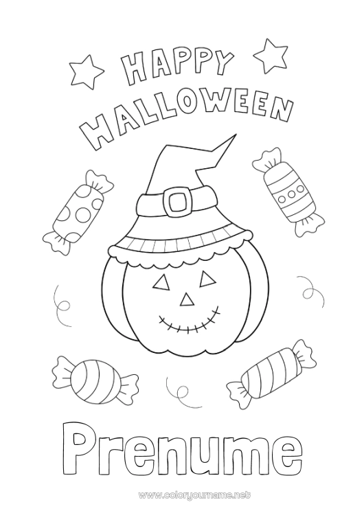Pagină de colorat de imprimat Bomboane Dovleac Halloween Jack cu lampa Înscriere