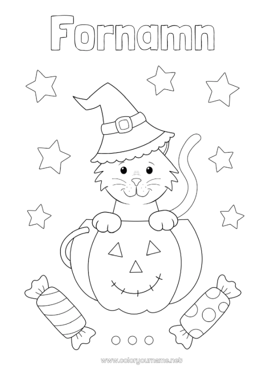 Färgläggningssida att skriva ut Godis Pumpa Svart katt Katt Halloween Jack O'Lantern Djur Hundar och katter