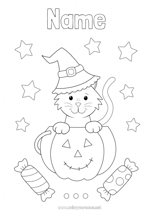 Coloring page to print Sweets Pumpkin Black cat Cat Halloween Jack O'Lantern Animal Dog and cat