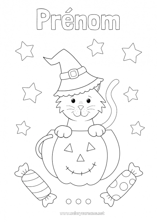 Coloriage à imprimer Bonbons Citrouille Chat noir Chat Halloween Jack O'Lantern Animal Chiens et chats