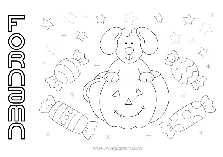 Färgläggningssida att skriva ut Godis Pumpa Halloween Hund Djur Hundar och katter