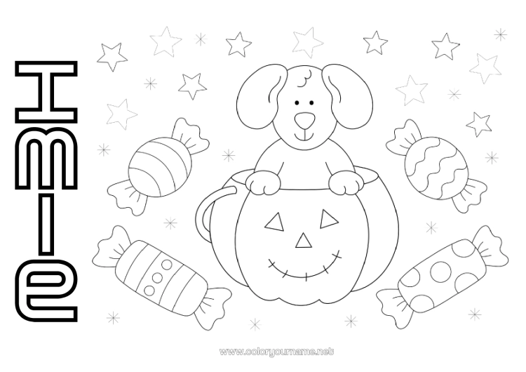 Kolorowanka do wydruku Cukierki Dynia Halloween Pies Zwierzę Psy i koty