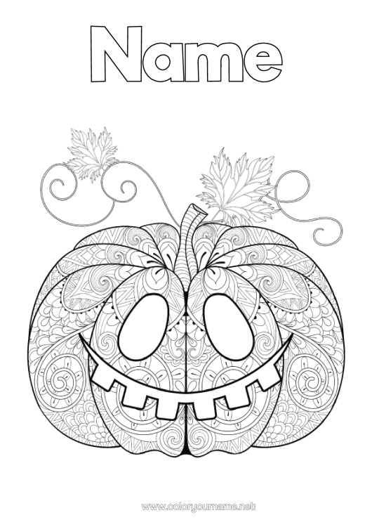 Colouring page to print Pumpkin Halloween Autumn Jack O'lantern Zentangle Anti-Stress