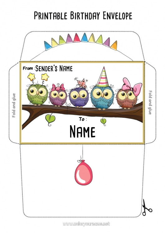 Coloring page to print Birthday Owl Envelope Flying birds and mammals Envelope to print