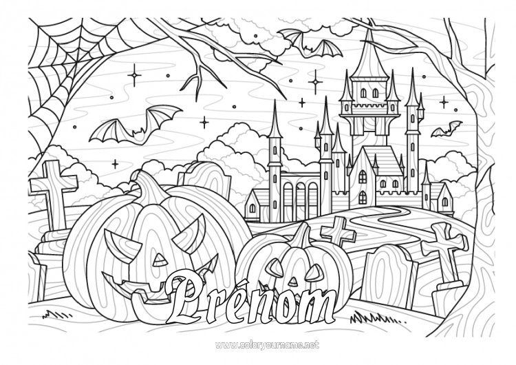 Coloriage à imprimer Chauve-souris Cimetière Citrouille Halloween Jack O'Lantern Zentangle Oiseaux et mammifères volants Manoir hanté Toile d'araignée