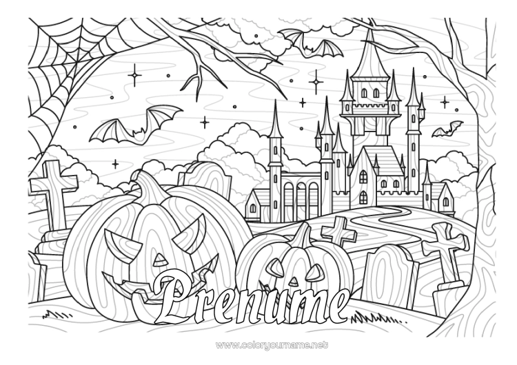 Pagină de colorat de imprimat Liliac Cimitir Dovleac Halloween Jack cu lampa Zentangle Păsări și mamifere zburătoare Conacul bântuit Pânză de păianjen