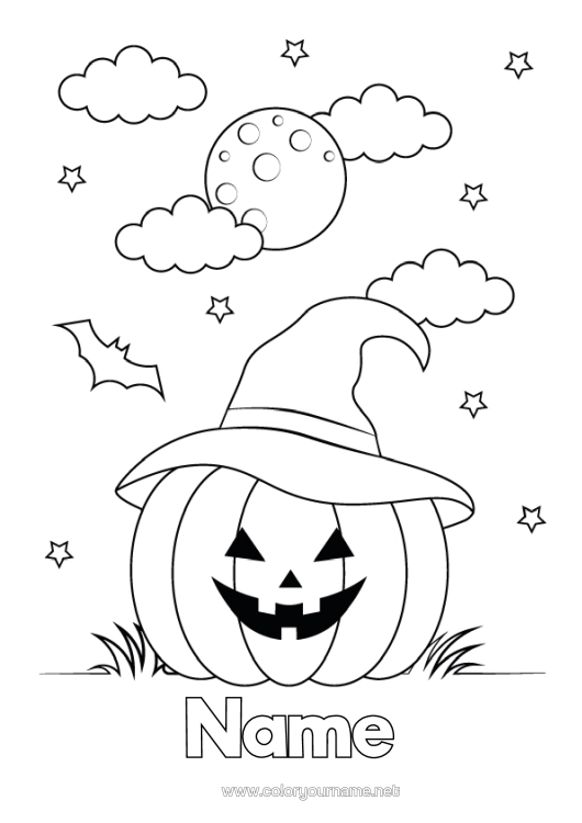 Colouring page to print Pumpkin Halloween Jack O'lantern Wizard's Hat