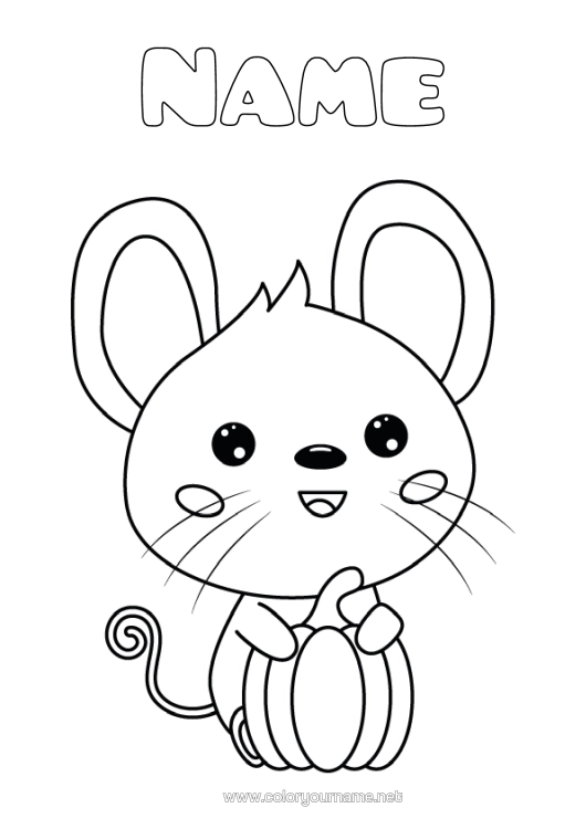 Colouring page to print Pumpkin Cute Halloween Autumn Mouse Animal Forest Animals