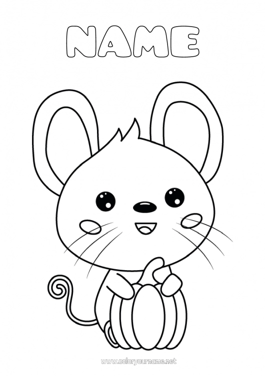 Coloring page to print Pumpkin Cute Halloween Autumn Mouse Animal Forest animals