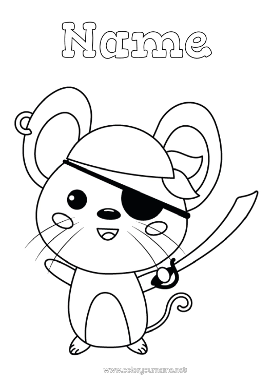 Colouring page to print Disguise Cute Halloween Pirate Mouse Animal Mardi Gras Forest Animals