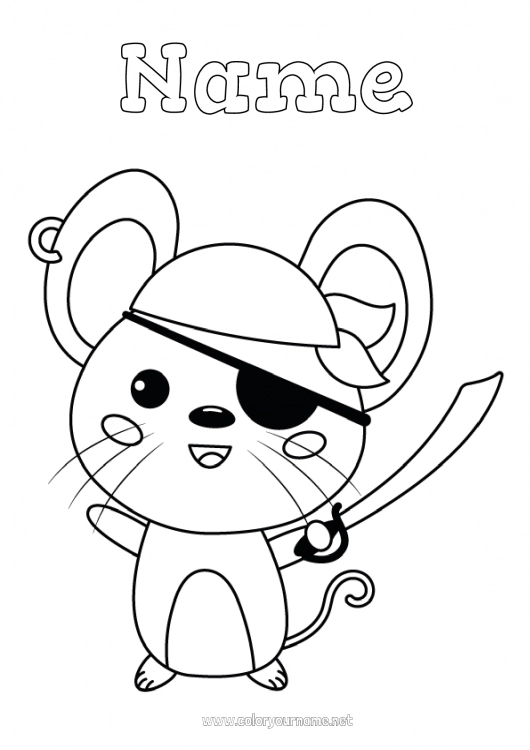 Coloring page to print Fancy dress Cute Halloween Pirate Mouse Shrove Tuesday Forest animals