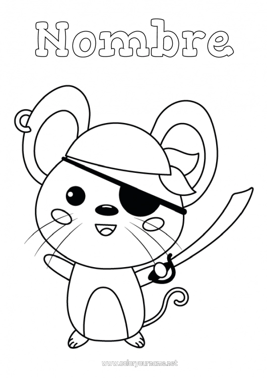 Dibujo para colorear para imprimir Disfraz Lindo Halloween Pirata Ratón Martes de Carnaval Animales del bosque