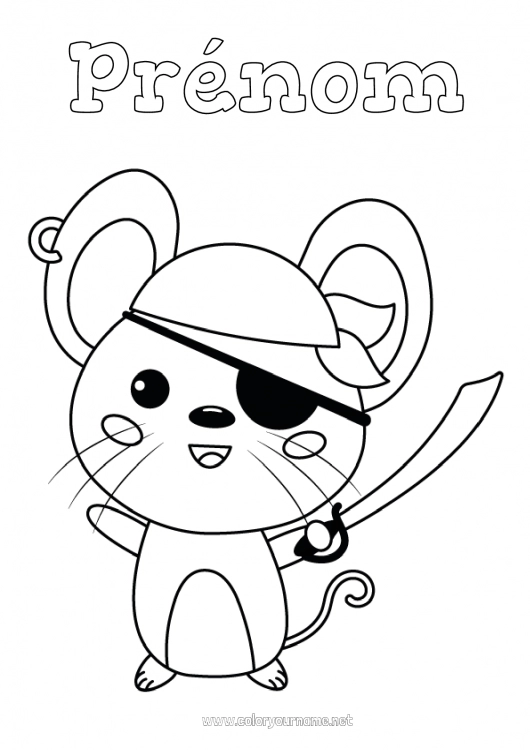 Coloriage à imprimer Déguisement Mignon Halloween Pirate Souris Mardi gras Animaux de la forêt