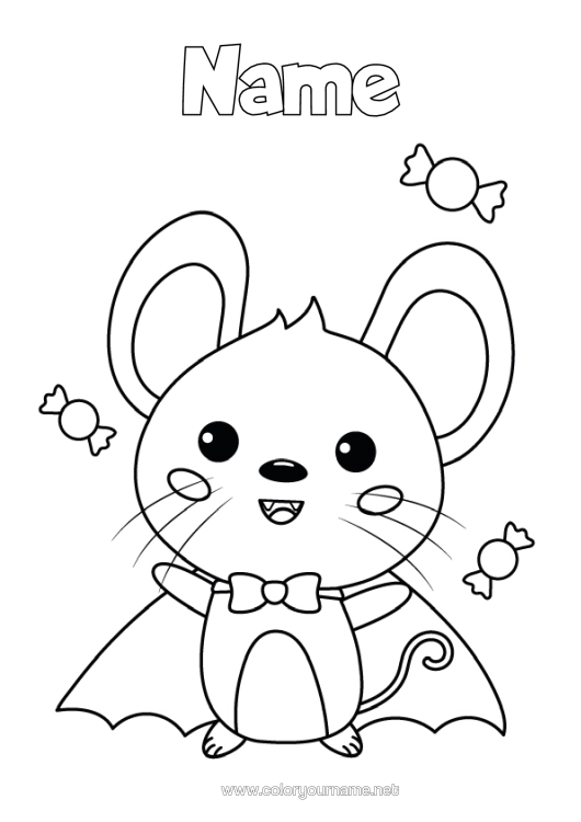 Colouring page to print Vampire Sweets Disguise Cute Halloween Mouse Animal Mardi Gras Forest Animals