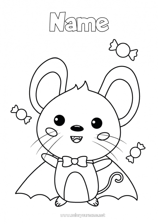 Coloring page to print Vampire Sweets Fancy dress Cute Halloween Mouse Shrove Tuesday Forest animals