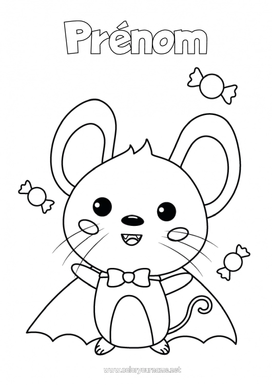 Coloriage à imprimer Vampire Bonbons Déguisement Mignon Halloween Souris Mardi gras Animaux de la forêt