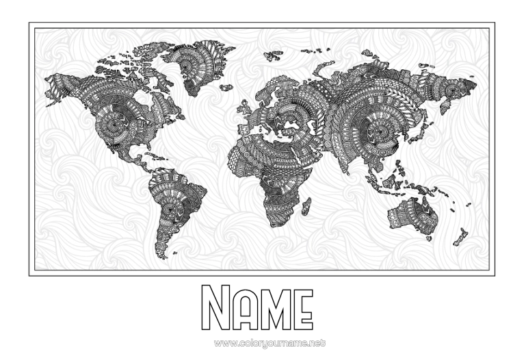 Colouring page to print Children's Activities Geography Complex Colouring Pages Zentangle World Map