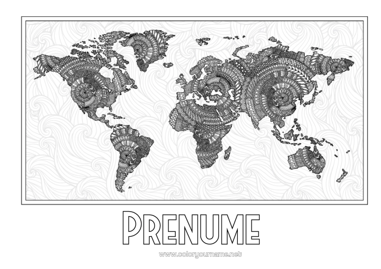 Pagină de colorat de imprimat Activități pentru copii Geografie Desene de colorat complexe Zentangle Hartă a lumii