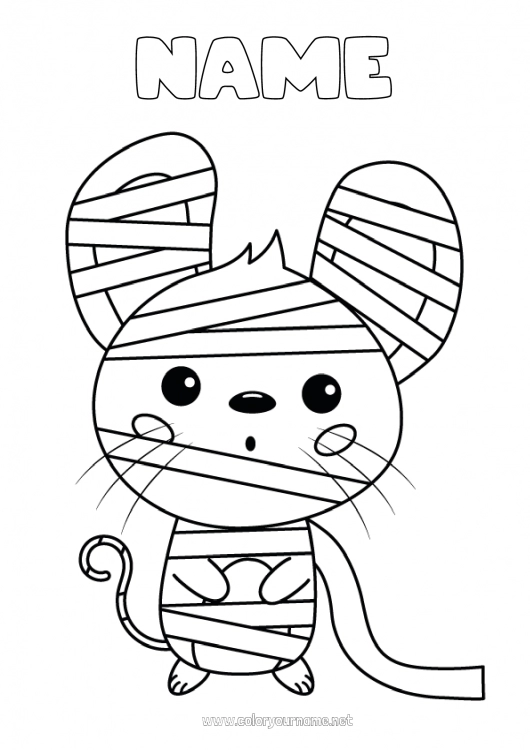 Coloring page to print Fancy dress Mummy Cute Halloween Mouse Forest animals