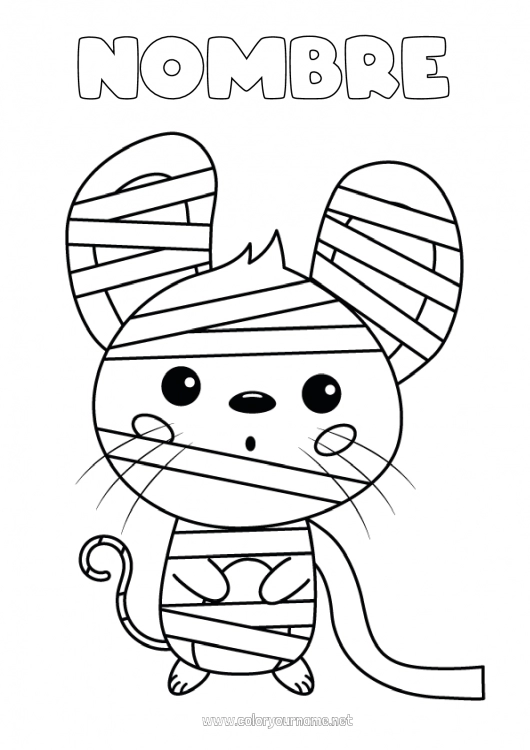 Dibujo para colorear para imprimir Disfraz Momia Lindo Halloween Ratón Animales del bosque