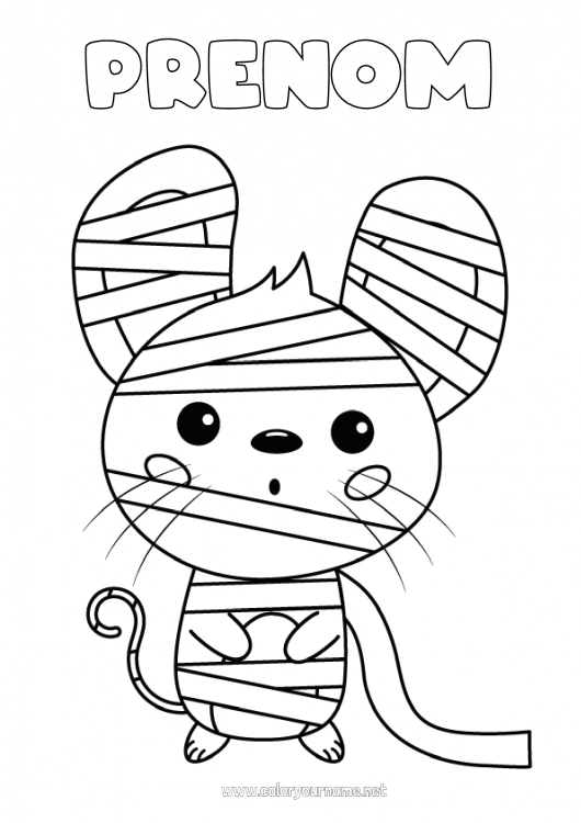 Coloriage à imprimer Déguisement Momie Mignon Halloween Souris Animaux de la forêt