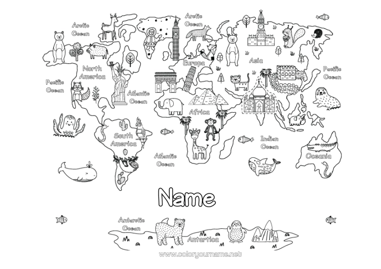Colouring page to print Animal Geography World Map Monument Mischievous Elf's Journey World Map Of Mischievous Elves