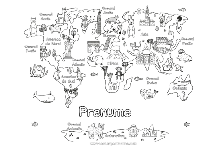 Pagină de colorat de imprimat Animal Geografie Hartă a lumii Monument Călătoria elfului de Crăciun