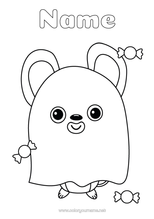 Colouring page to print Sweets Disguise Ghost Cute Halloween Mouse Animal Forest Animals