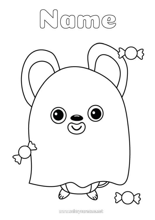 Coloring page to print Sweets Fancy dress Ghost Cute Halloween Mouse Forest animals