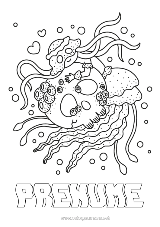 Pagină de colorat de imprimat Halloween Cranium Meduză Animal Sirena Animale marine sau acvatice