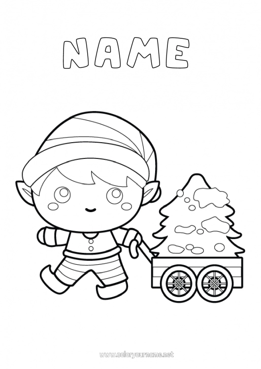 Coloring page to print Christmas tree Christmas elves Elves coloring pages