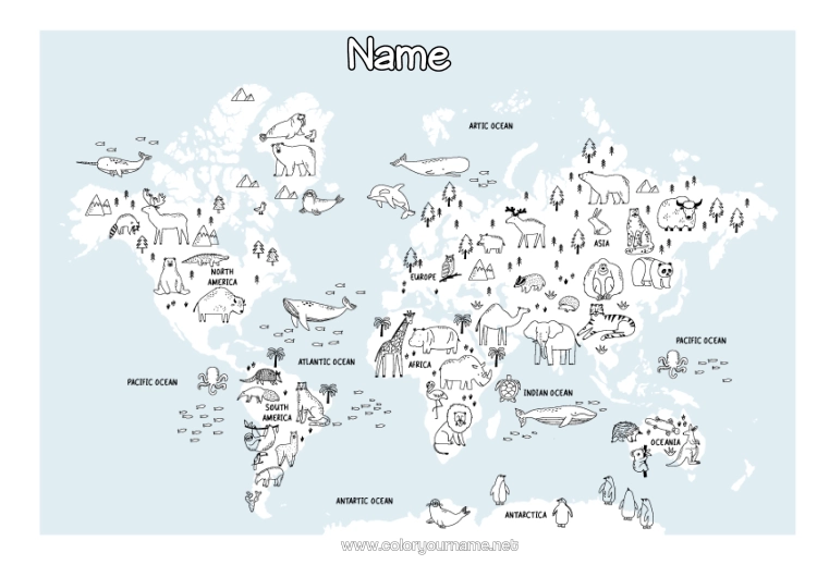 Colouring page to print Animal Geography World Map Mischievous Elf's Journey World Map Of Mischievous Elves