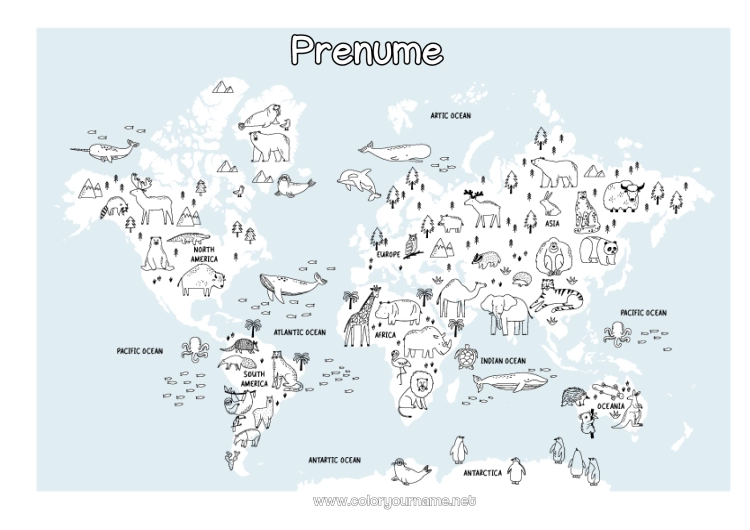 Pagină de colorat de imprimat Animal Geografie Hartă a lumii Călătoria elfului de Crăciun Hartă a lumii cu spiriduși jucăuși