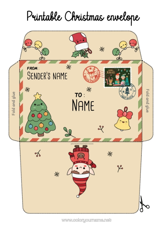 Colouring page to print Christmas Tree Christmas Elves Christmas Letters From Mischievous Elves Envelope Print Envelope Mischievous Elf's Journey Christmas Envelope Envelope For The Christmas Trickster Elf's Mail