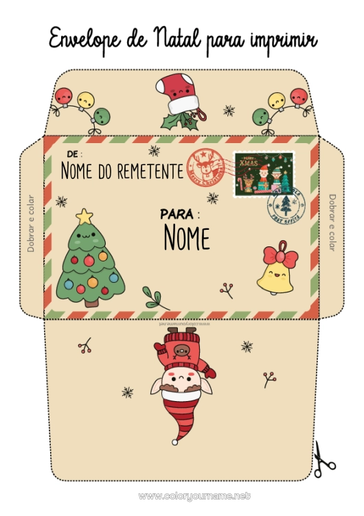 Página de desenho para imprimir Árvore de Natal Elfo de Natal Natal Cartas de duendes travessos Envelope Envelope para imprimir Viagem do Elfo de Natal