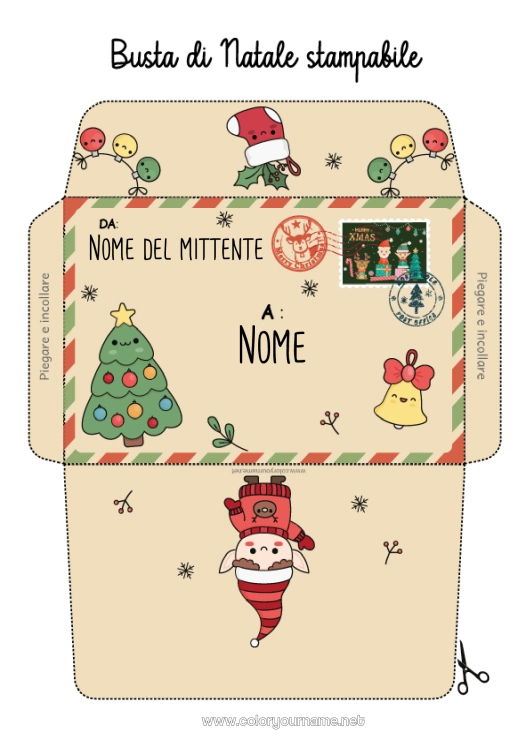 Pagina da colorare da stampare Albero di Natale Elfo di Natale Natale Lettere di elfi scherzosi Busta Busta da stampare Viaggio dell'elfo di Natale