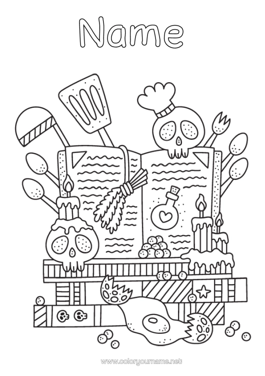 Colouring page to print Witch Halloween Skull Book Reading
