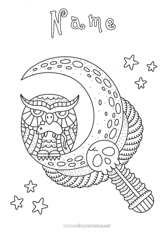 Coloring page to print Halloween Skull Owl Animal Moon Flying birds and mammals