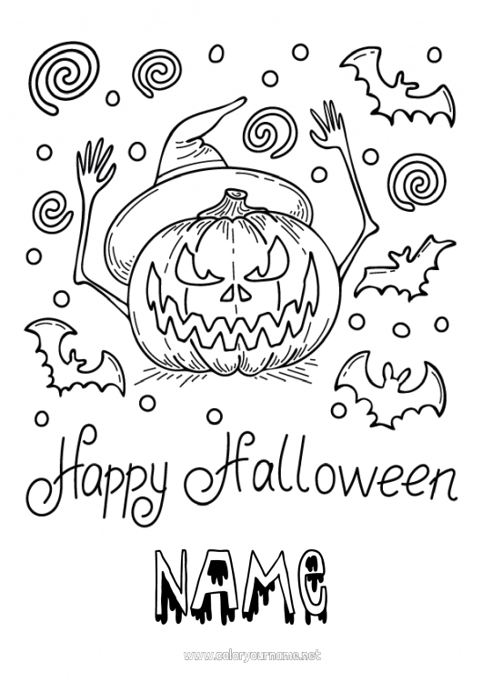 Coloring page to print Bat Pumpkin Halloween Jack O'Lantern Flying birds and mammals Inscription 