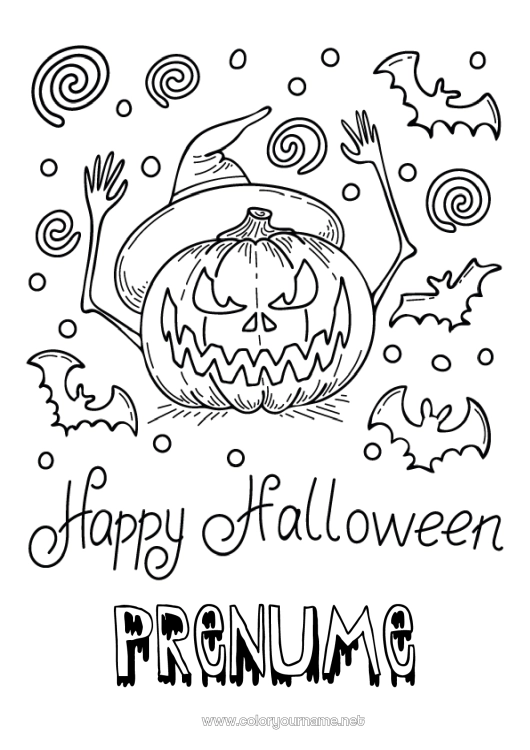 Pagină de colorat de imprimat Liliac Dovleac Halloween Jack cu lampa Păsări și mamifere zburătoare Înscriere 